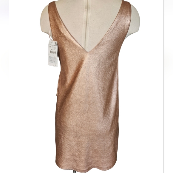NWT Zara Metallic Rose Gold Mini Foux Leather Dress - Picture 3 of 11